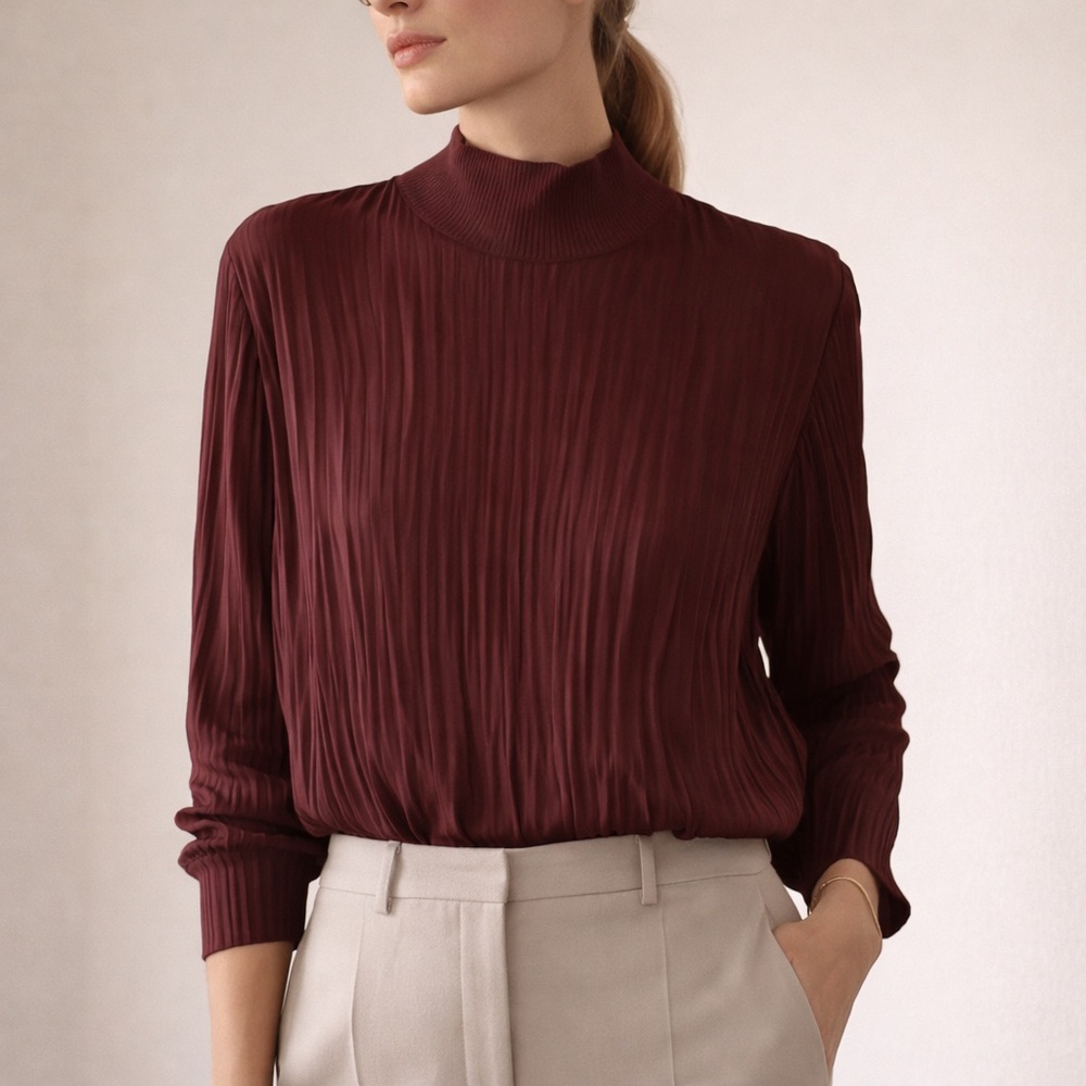 Vince Burgundy Pleated Mock Neck Blouse Size M Minimalist Quiet Luxury Top